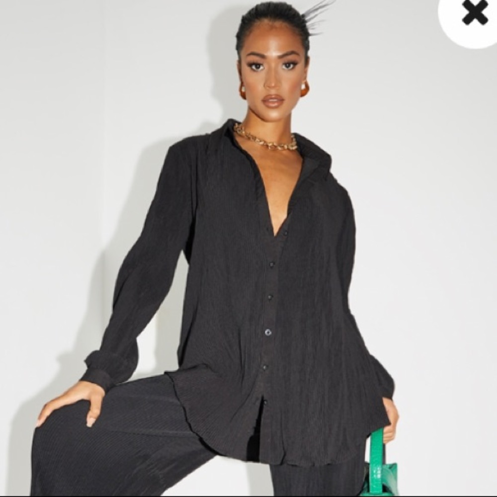 Pretty little thing “black plisse button front oversized shirt”